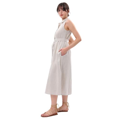 Amazhiyu Womens Pure Linen Summer Button Down Midi Dresses with Pockets and Belt2
