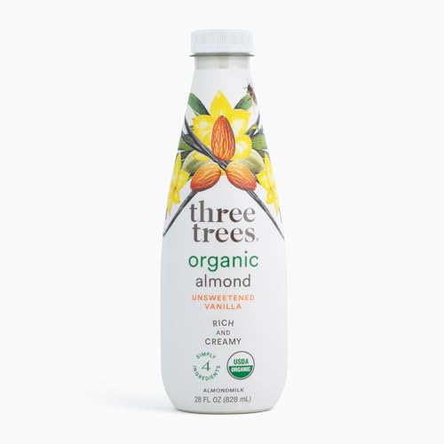 Vanilla Almond Milk | Organic | Unsweetened | 10.5g Protein per bottle | 4x More Almonds than a leading brand | Dairy Free | No Oils or Gums | Only 4 Clean Ingredients | By Three Trees