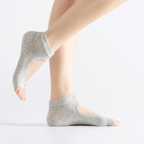 Image of Yoga Pilates Toe Socks Toeless Socks with Grips for Women Non Slip Cushioned Low Cut Ankle Socks for Dance