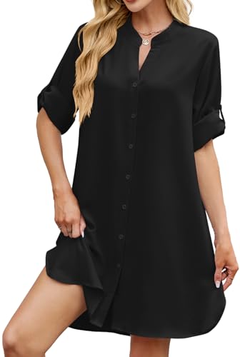 Image of PerZeal Womens Sexy V Neck Button Down Shirt Dresses Summer Short Sleeve Casual Loose Blouses & Button-Down Shifts Cover Ups