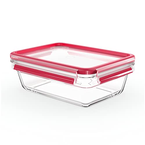 EMSA Clip & Close Glas Frischhaltedose, rechteckig, 1,3 L, 100 Prozent dicht, rutschfestes Stapeln, Glasbehälter spülmaschinen-, gefrier-, backofen-, mikrowellenfest, Rot, Transparent, N10410