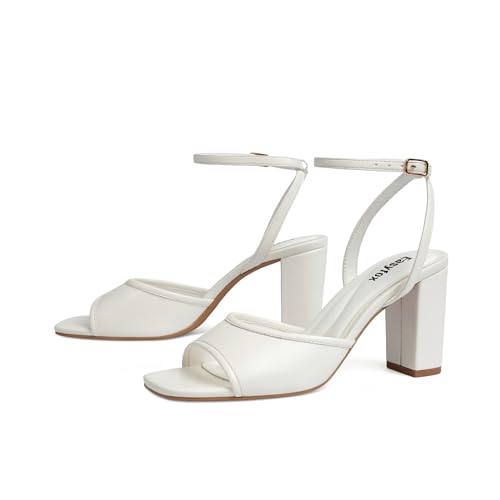 Image of Easyfox Open Toe Chunky Heel Sandals for Women Ankle Strap 3 Inch High Heels Dress Wedding Block Shoes