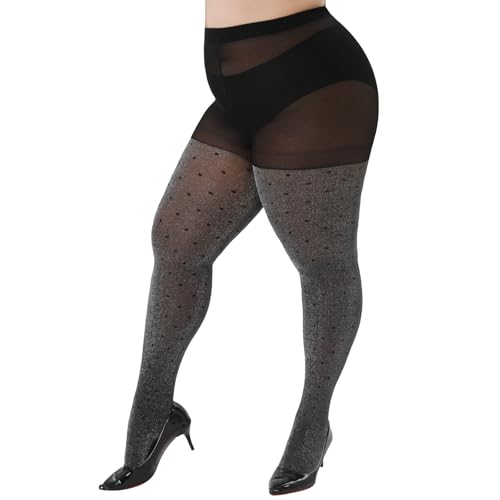 WiliW Polka Dot Plus Size Tights for Women Shimmer Patterned High Waist Tights 40D Shiny Sheer Black Pantyhose