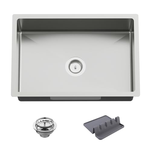 Kitchen And Bar Sink 27x18 Inch Stainless Steel Undermount Modern Single Bowl Kitchen And Bar Sink Combo-Silicon Mat Drain Strainer Set Compatibility With Various Kitchen&Bar Style