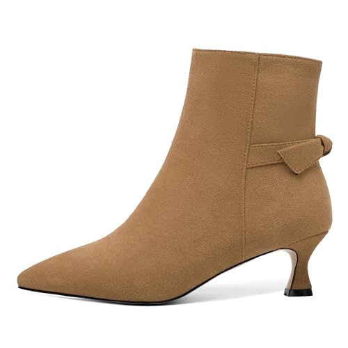 ROSERWISH Womens Dress Wedding Fluff Zip Pointed Toe Suede Bow Kitten Low Heel Ankle High Boots 2 Inch2