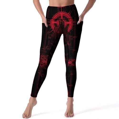 Leggings góticos rojos con tronos de esqueleto para mujer, pantalones de yoga suaves de cintura alta, leggings de entrenamiento con bolsillos, Negro -, XL