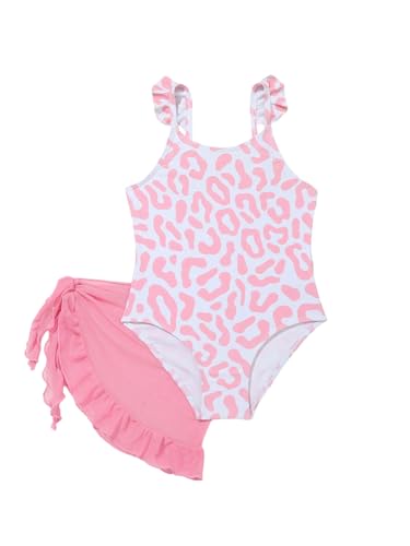 Girl's Leopard Print Ruffle One Piece Swimsuit Cute Scoop Neck Bathing Suit with Cover Up Skirts