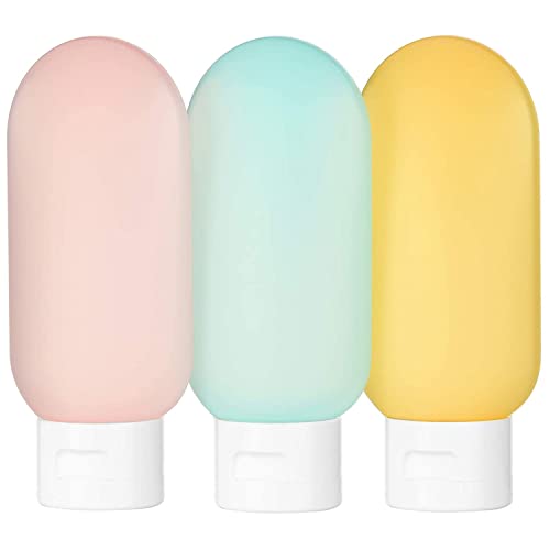 Paquete de 3 botellas de tamaño de viaje de 60 ml, recipientes de plástico vacíos aprobados por la TSA con bolsa de transporte para líquidos, champú, accesorios de tocador: rosa, azul lago, naranja Cover