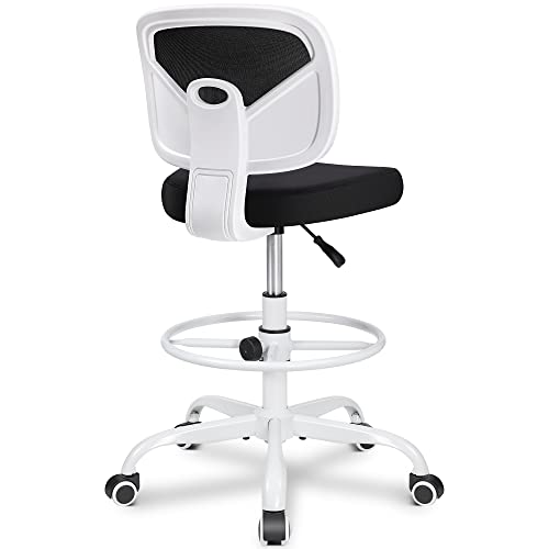 Image of Primy Armless Mid-Back Ergonomic Standing Desk Chair - Mesh Rolling Tall Chair, Adjustable Height and Footring, Art Room, Office or Home (White)