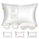 ComfortAce 3-Piece 19 Momme Mulberry Silk Set – Silk Pillowcase with Scrunchie & Padded Eye Mask, Soft, Cooling & Skin-Friendly Beauty Sleep Set – White