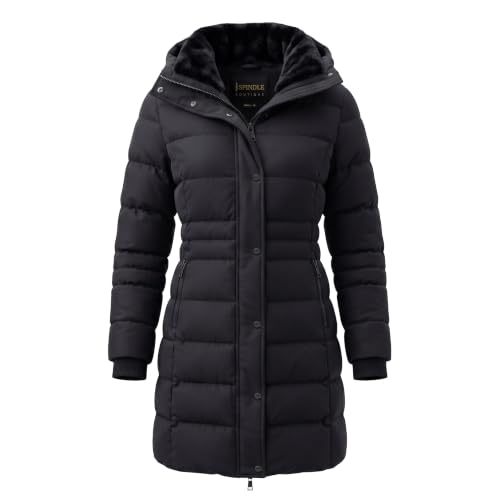 Image of Spindle Womens Designer Winter Lined Parka Quilted Coat Fur Collar Hooded Long Ladies Womens Jacket (12, Solid Black Hooded)