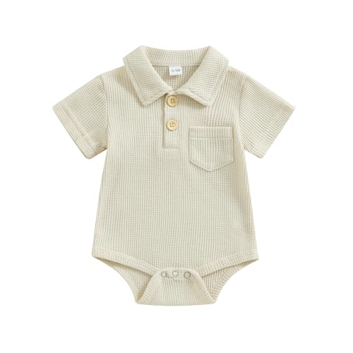 Image of Lesimsam Newborn Baby Boy Clothes Waffle Knit Button Up Shirt Romper Solid Short Sleeve Collared Bodysuit One-Piece Outfit
