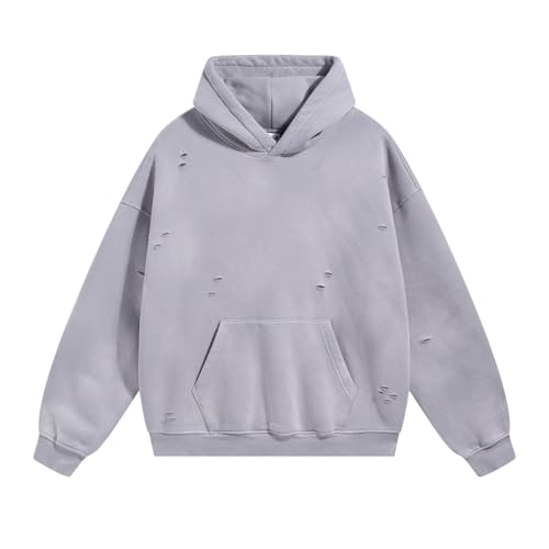 VFIVE UNFOUR Loose Cut Torn Holes Spray Dyeing Thick Warm Fleece Hoodies Sweatshirt Men Fashion Pullovers