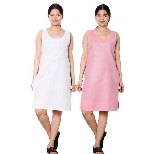 Image of KASANI Women's Camisole Cotton Long Knee-Length Sameej /Slip /Inner, Sleeveless, Pack of 2
