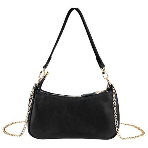 SSKHE Bolso de mano con cadena, bolso de hombro de piel sintética para mujer, bolso de hombro pequeño con cremallera (negro), Black, one size