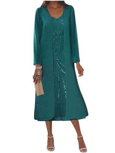 2 Piece Chiffon Mother of The Bride Dresses with Jacket Long Sleeves Sequin Formal Dresses for Women