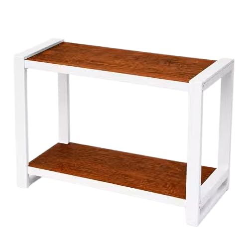 2-Tier Side End Table with Wood Shelves and Metal Frame | Industrial Design, Open Storage, White Metal Frame, Brown Wood Finish, Living Room Use-image-22