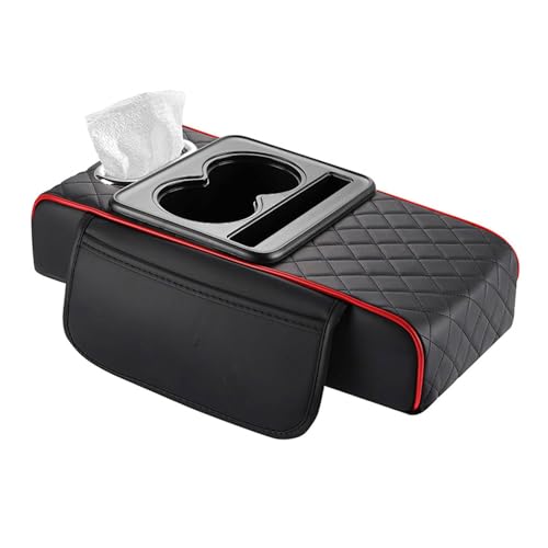 Car Center Console Cover for Citroen C3 2024 2025, Leather Waterproof Car Armrest Cover with Storage Box Cup Holder, Car Accessories,Black-Red