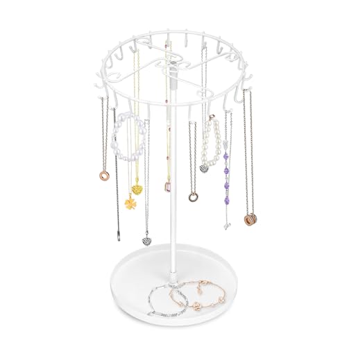 RPHONGHONG Drehbar Schmuckständer, Metall Ketten Aufbewahrung mit Tablett Schmuckbaum Hängend Kettenständer Schmuck mit 23 Haken Kettenhalter...
