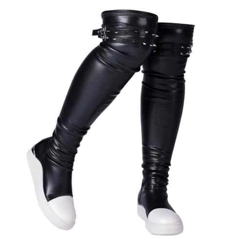Knee High Boots for Women Goth Platform PU Leather Round Toe Comfortable Tall Booties