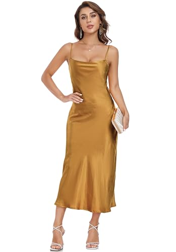 Vestido de seda de satén con tirantes delgados para mujer, cuello redondo, para fiesta, cóctel, noche, vestido sexy, Caqui, Large