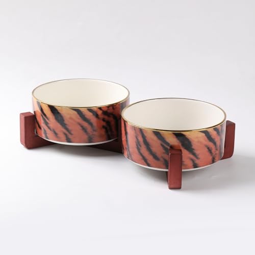 KAZYROTU Dog Bowls Ceramic for Small Medium Dogs -4.0-Cup Ceramic Dog and Cat Bowl with Wood Stand Non-Non-Slip Anti-Tip Elevated Design 32oz