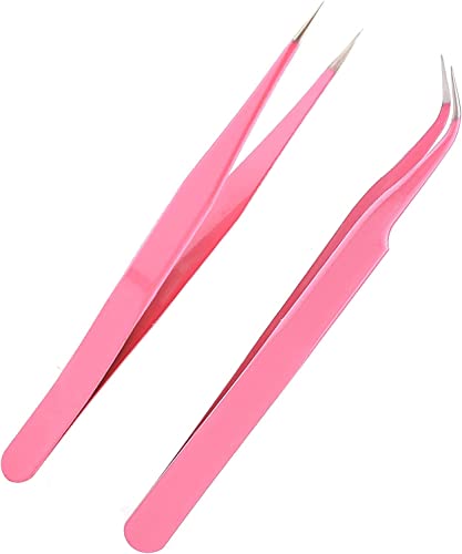 Lash Tweezers - Pack of 2 Stainless Steel Eyelash Extension Tools | Straight & Curved Tip False Lash Application (Pink)