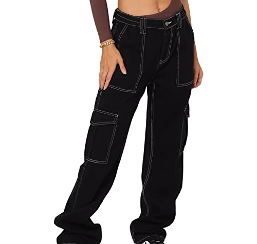 Womens High Waist Cargo Jeans Flap Pocket Straight Leg Jeans Wide Leg Denim Pants Fashion Jeans Relaxed Fit