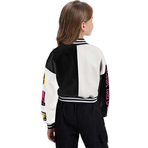 Image of Teen Girls Crop Varsity Jacket Bomber Jacket Style Casual Fit Baseball Sport Y2K Streetwear Short Cardigan Sweatshirt