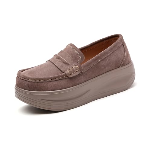 Image of Women's Suede Platform Wedge Loafers Moccasin Toe Comfort Casual Slip-on Loafer Shoes Toning Rocker Non-Slip Walking Shoes with Arch Support