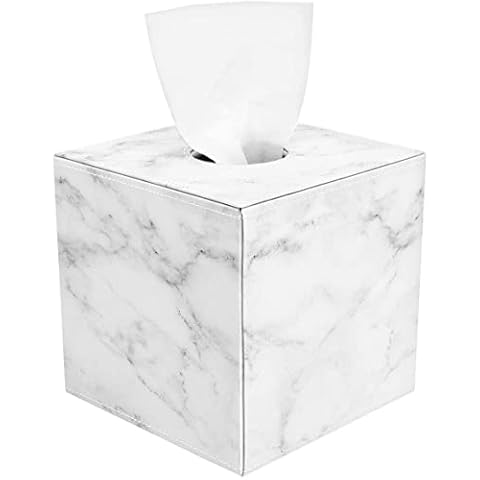Luxspire PU Leder Kosmetiktücherbox, Quadratisch Rollenpapier Tücherbox Tissuebox mit Magnetabdeckung und nett Stiche für Esszimmer Badezimmer Schlafzimmer Auto Büro - Weißer Marmor Cover