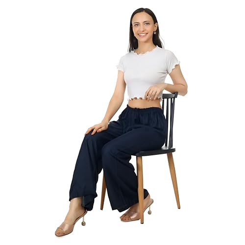 Image of Women's Rayon Palazzo Pants | Solid Color Wide Leg Trousers in 18 Shades | Elastic Waist Casual Bottoms XS-7XL | Comfortable