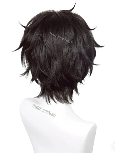 Image of Half and Half Short Brown Black Anime Game Cosplay Wig for Men Brown Spiky Layered Male Costume Wigs for Women Unisex Halloween Party Daily