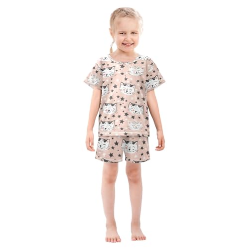 ALAZA Cat Kitten Star Cartoon Hipster Pajamas Set Short Sleeve Cotton Sleepwear Summer Pjs 2 Piece 5-14Y3