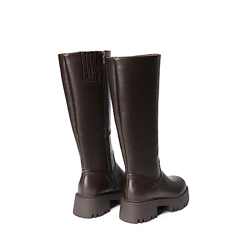 DREAM PAIRS Knee High Boots, Comfortable Chunky Platform Round-Toe Side Zip Boots for Women,Size 7.5,Brown,SDKB2301W