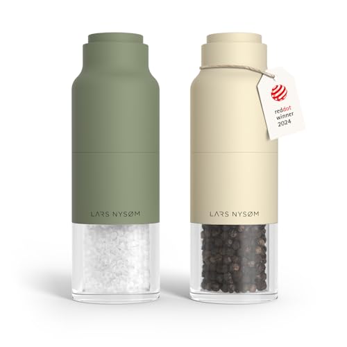 Image of LARS NYSOM Salt and Pepper Grinder Set, Stainless Steel Manual Salt and Pepper Mills, Adjustable Ceramic Grinder, Design Spice Shakers (Green /Beige)