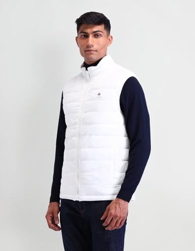 Image of Arrow Sports Men's Grey Solid High neck Sleeveless Casual Polyester Regular Fit Jacket