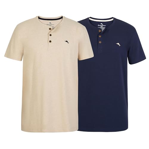 Tommy Bahama Mens 2 Pack Shirts - Short Sleeve Henley T-Shirt Top - Soft & Stretchy Tshirt Breathable Shirt for Men Oatmeal Heather/Navy Peacoat X-Large
