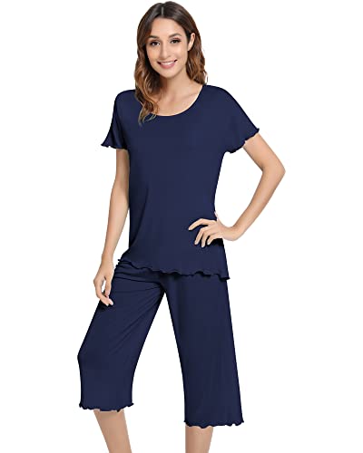 Image of NACHILA Women's Pajamas Set,Short Sleeve Sleepwear Capri Pant Pjs