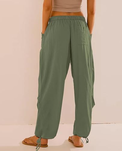 Image of Women's Linen Balloon Barrel Beach Pants Boho Harem Flowy Drawstring Casual Loose Pants with Pockets