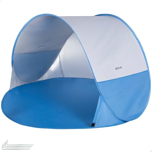 AKTIVE Tienda Playa Pop up, Azul, 148x148x90 cm, Revestimiento Plateado, Protección UV50, Incluye 4 piquetas, Poliéster, Paravientos Plegable, Bolsa Transporte, Refugio Pesca (62529)