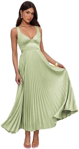 Pleated Satin Bridesmaid Dress V-Neck Formal Party Dresses for Wo...