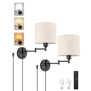 Plug in Wall Sconces with Remote Control, Dimming 10%-100% & Adjustable Colors 2700K-6500K, Hardwire or Plug-in, Swing Arm Wall Lamp with Linen Fabric Shade, Wall Sconces Set of Two, Black Finish