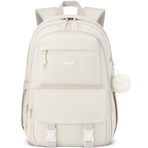 WINDARS Mochila para escola, mochila casual fofa estética universitária mochila leve para adolescentes e meninos, Bege, 17.3 inch