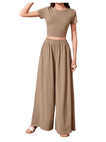 Image of OYOANGLE Girl's 2 Piece Outfits Short Sleeve Crew Neck Crop Top and Elastic Waist Wide Leg Pants Set