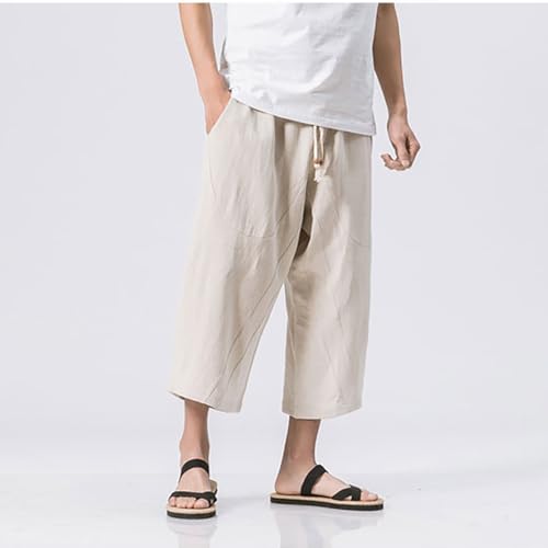Men's Pants Summer Baggy Capri Pants Relaxed Fit Men Cotton Linen Cropped Trousers Elastic Waist Drawstring Clothing2