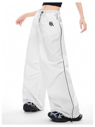 OYOANGLE Women's Contrast Binding Cargo Pants Drawstring Elastic Waist Baggy Parachute Pants Streetwear4