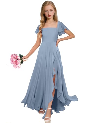 Chiffon Square Neck Junior Bridesmaid Dresses Short Sleeve Flower Girl Dress for Wedding Formal Party Pageant