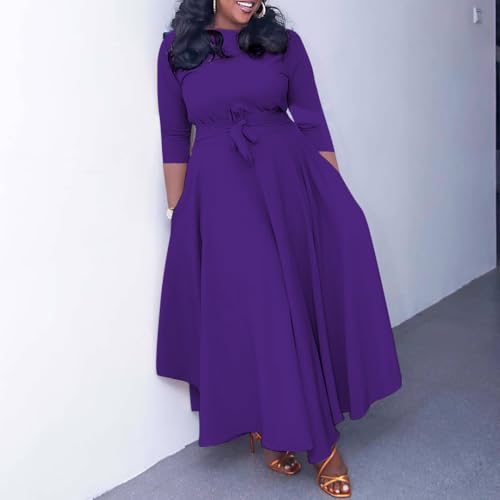 Image of BFFBABY Women's Wrap V Neck Plus Size Maxi Dresses 3 /4 Sleeves Chain Floral Printed Swing Dress with Belt