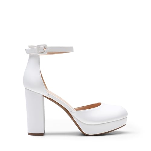 Image of DREAM PAIRS Women's Platform Chunky Closed High Heels | Comfortable 0.79 inch Platform and 3.94 inch Closed Toe Heel Block Ankle Strap Dress Bridal Party Wedding Shoes